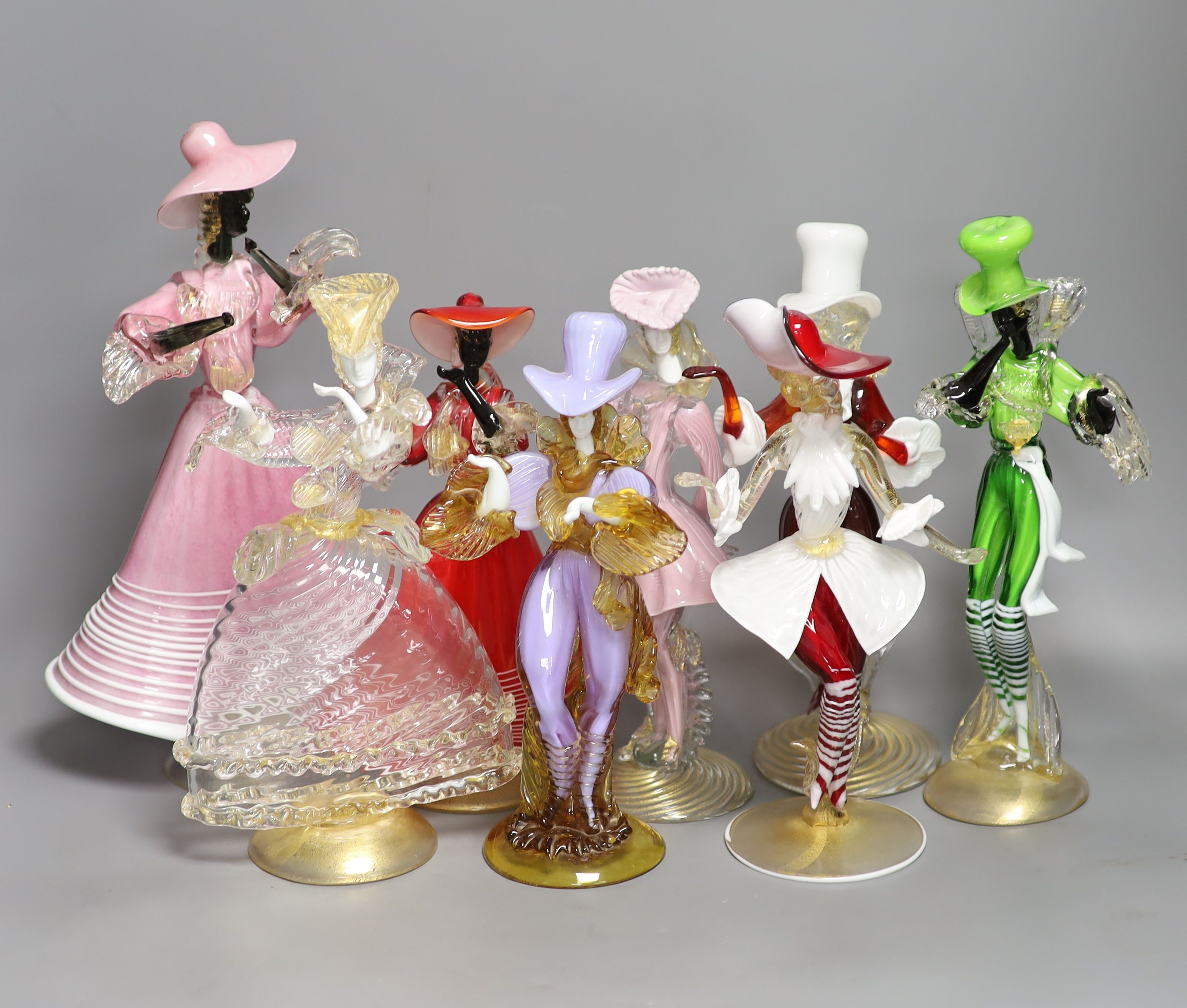 A group of eight Murano glass figures of dancers, tallest 32cm